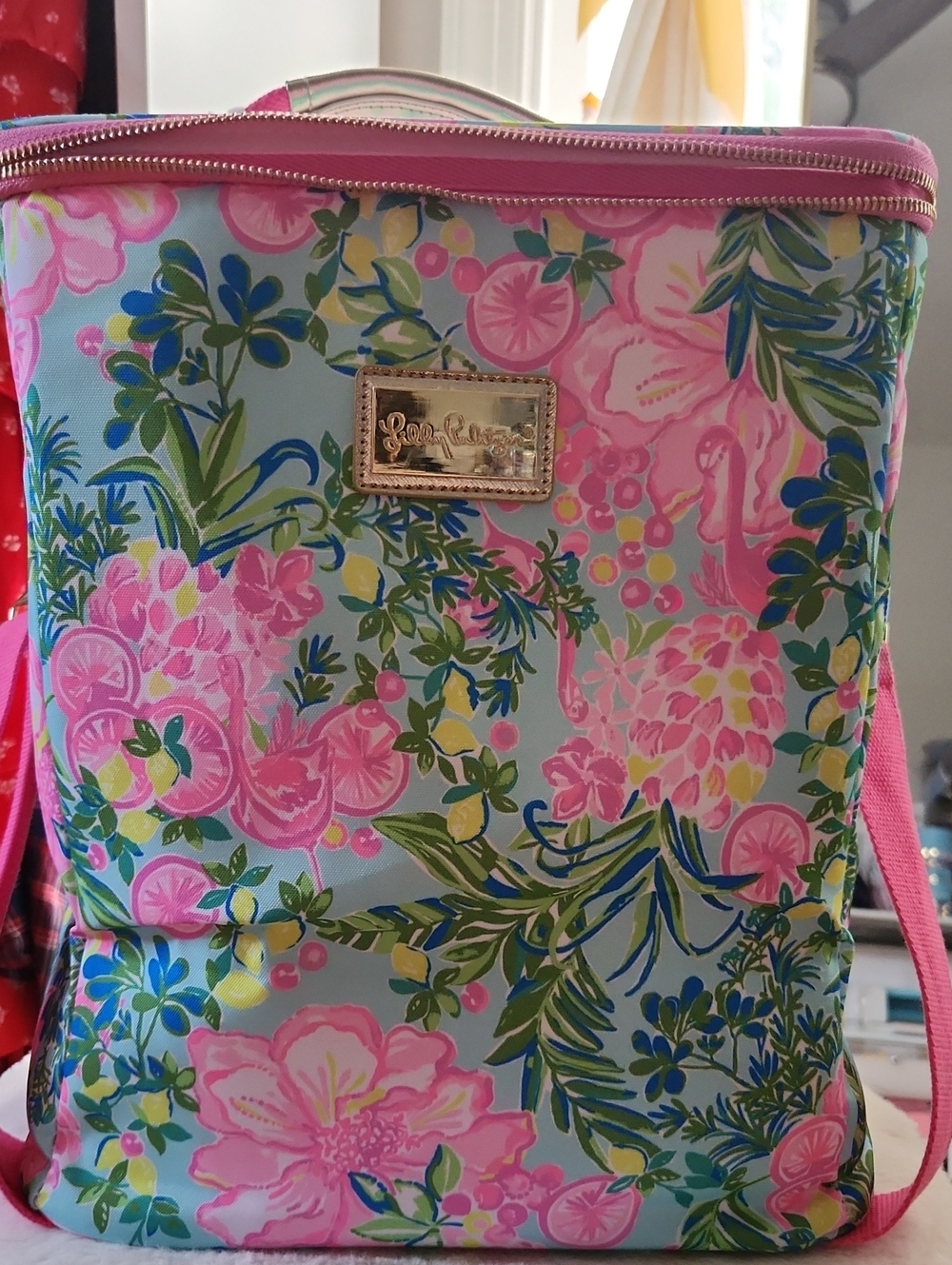 Lilly Pulitzer Pink Floral Cooler bag with Multicolor Tropical Print